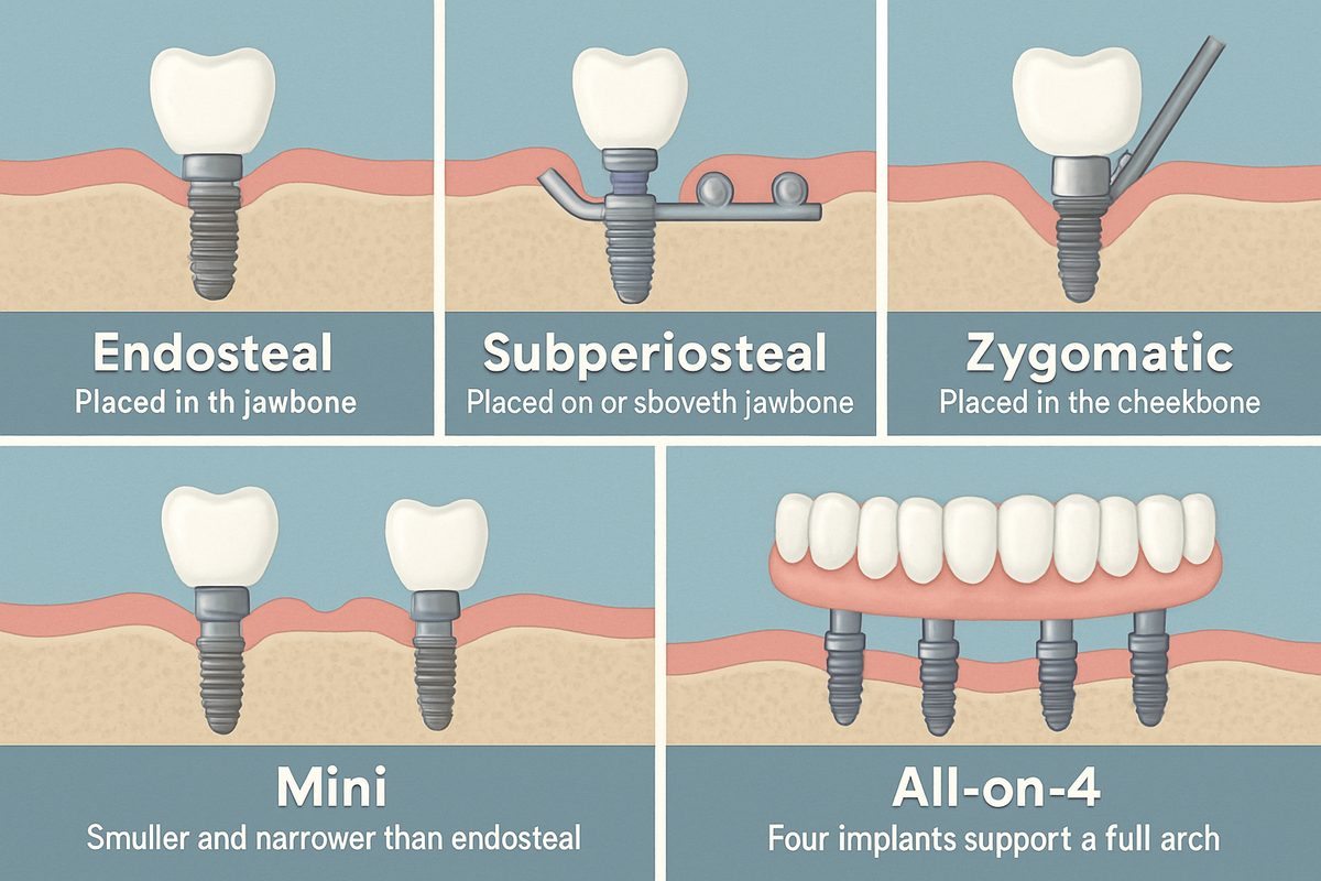 Collage showcasing the different types of dental implants: endosteal, subperiosteal, zygomatic, mini, and All-on-4, each with a brief descriptive text overlayed.
