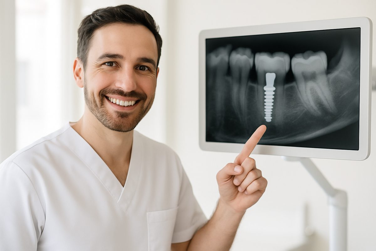 Image of a dentist smiling and pointing to a digital x-ray of a dental implant in a patient's jaw, use natural, bright lighting. No text on image.