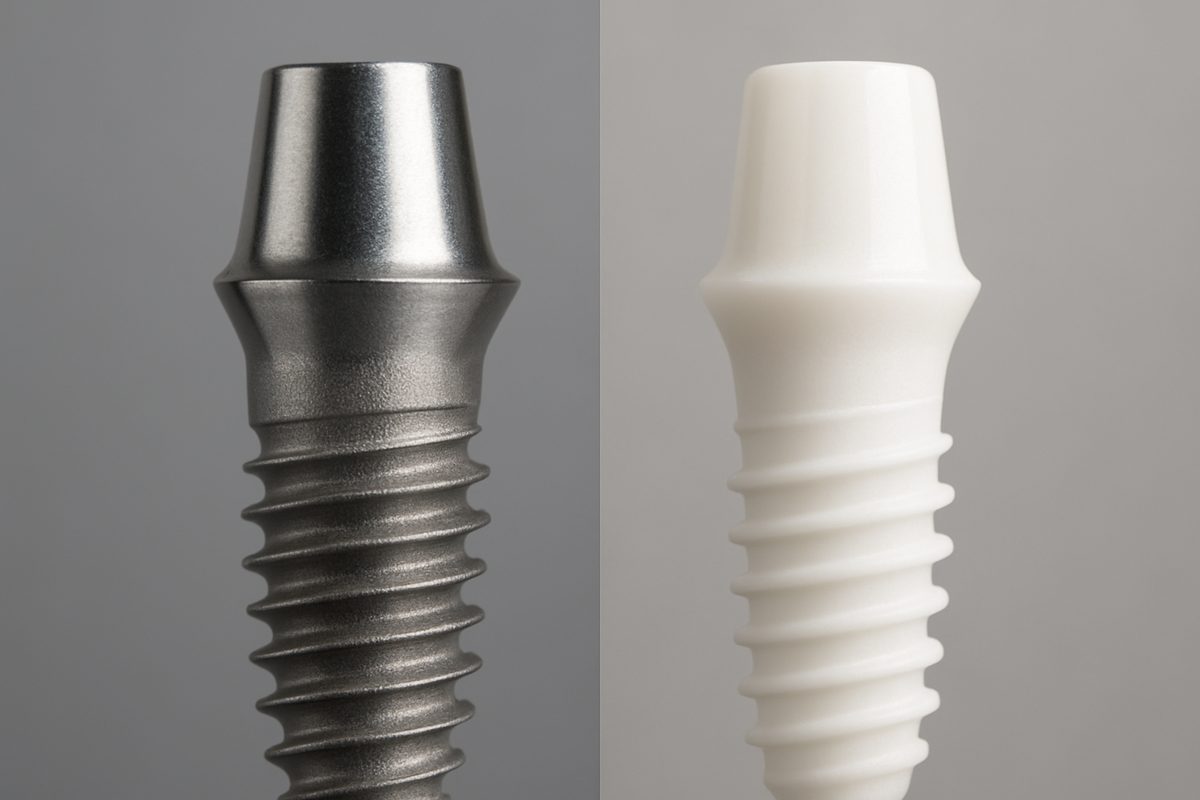Close-up image comparing a traditional metallic/titanium dental implant next to a metal-free ceramic/zirconia dental implant. One side of the image should highlight the metallic implant, while the other highlights the metal-free option, perhaps showing the difference in color and material. No text on image.