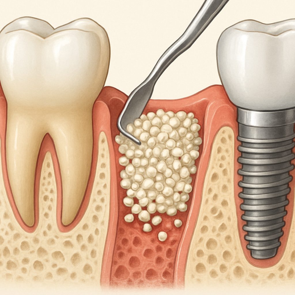 A dental surgeon is carefully placing bone graft material into a patient's jaw to prepare for a dental implant. The image should convey precision and expertise, with a focus on the surgical site. No text on image.
