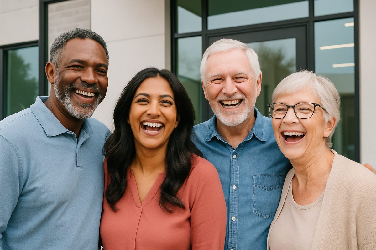 A diverse group of local dental implant patients happily smiling and laughing together outside of a modern dental clinic. No text on the image.
