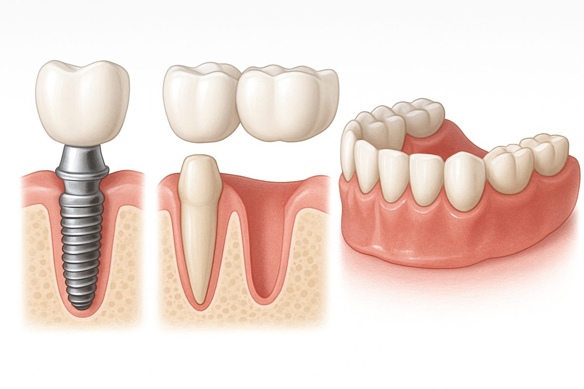 Image showcasing three tooth extraction replacement options: a dental implant, a bridge, and dentures, highlighting the differences in appearance and structure. No text on image.