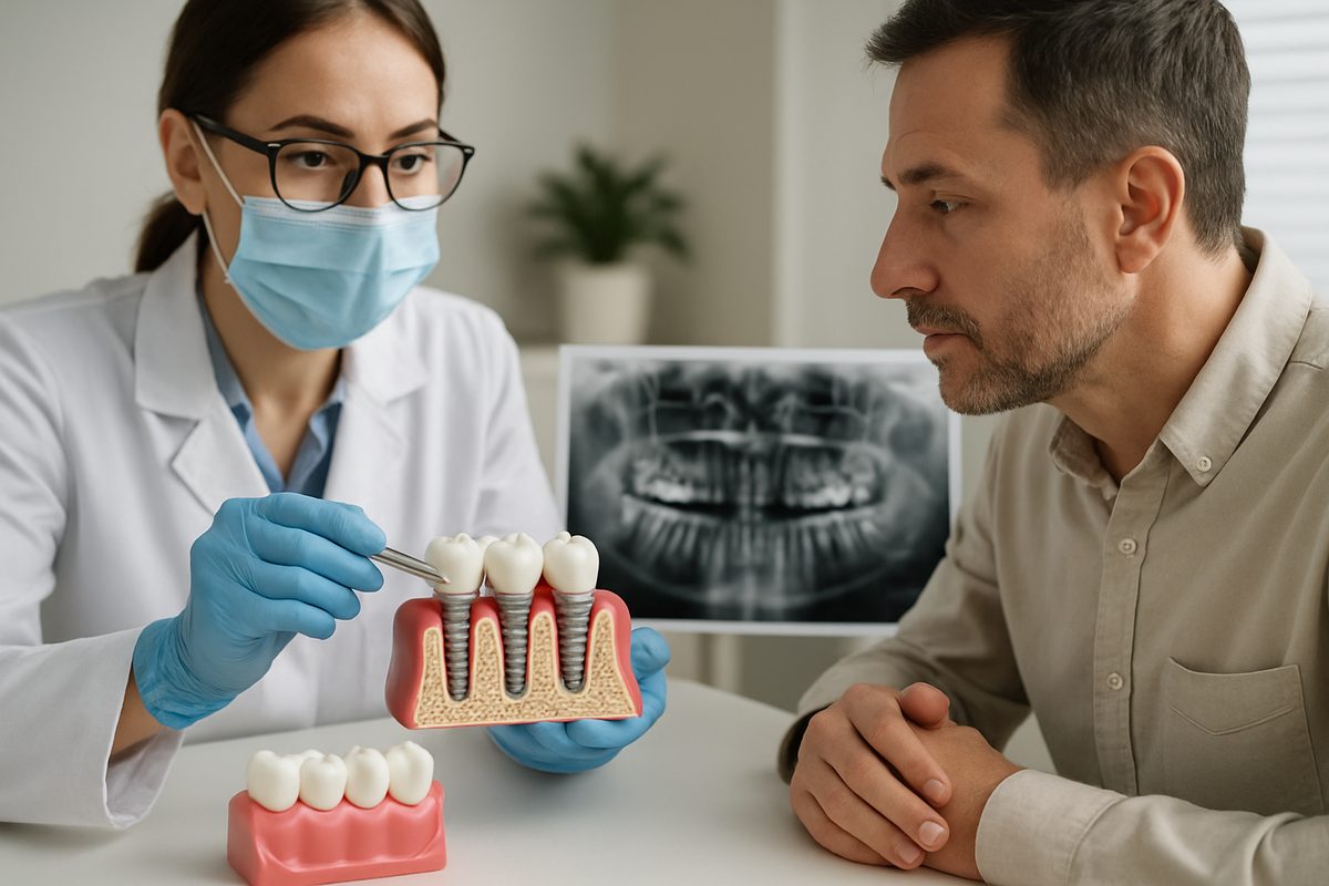Image showcasing a periodontist consulting with a patient about dental implant options. The image should include a close-up of dental models and X-rays, highlighting the importance of gum and bone health for successful implant placement. No text on the image.
