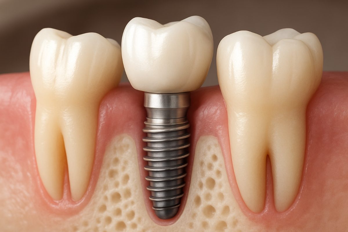 Close up image of a dental implant being placed into a patient's jawbone. The dental implant is made of titanium and has a screw-like appearance. No text on image.