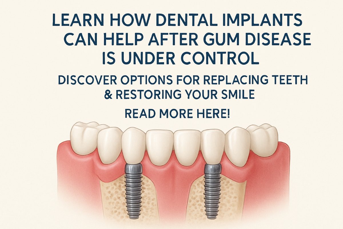 Close up X-ray of dental implants in a jaw with signs of previous periodontal disease and bone loss, but with the implants successfully integrated. No text on image.
