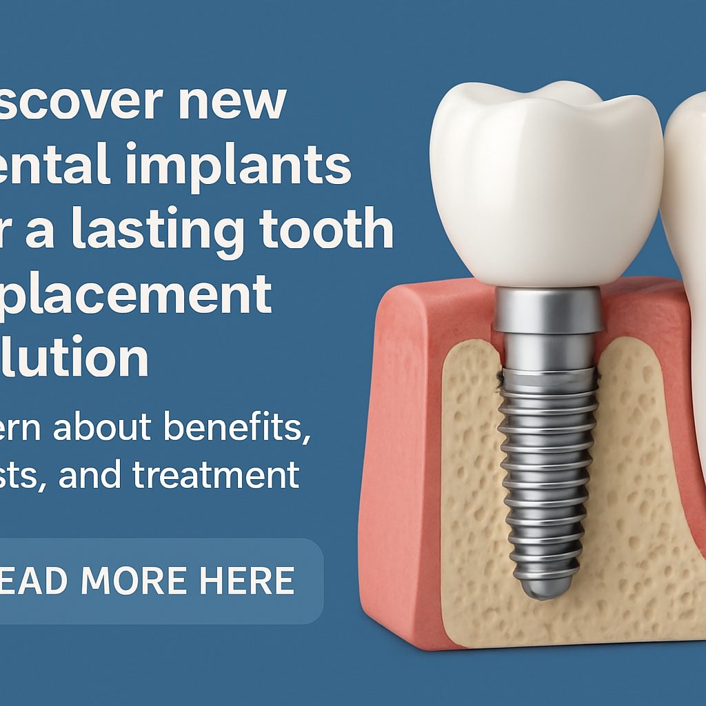 A close-up of a dentist carefully placing a new dental implant into a patient's jaw, showcasing the precision and modern technology used in the procedure. No text on the image.
