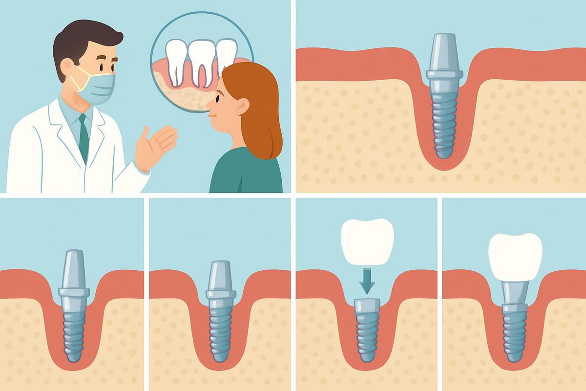 A step-by-step infographic detailing the dental implant stages, including consultation, implant placement, healing, abutment placement, and final restoration. No text on the image.