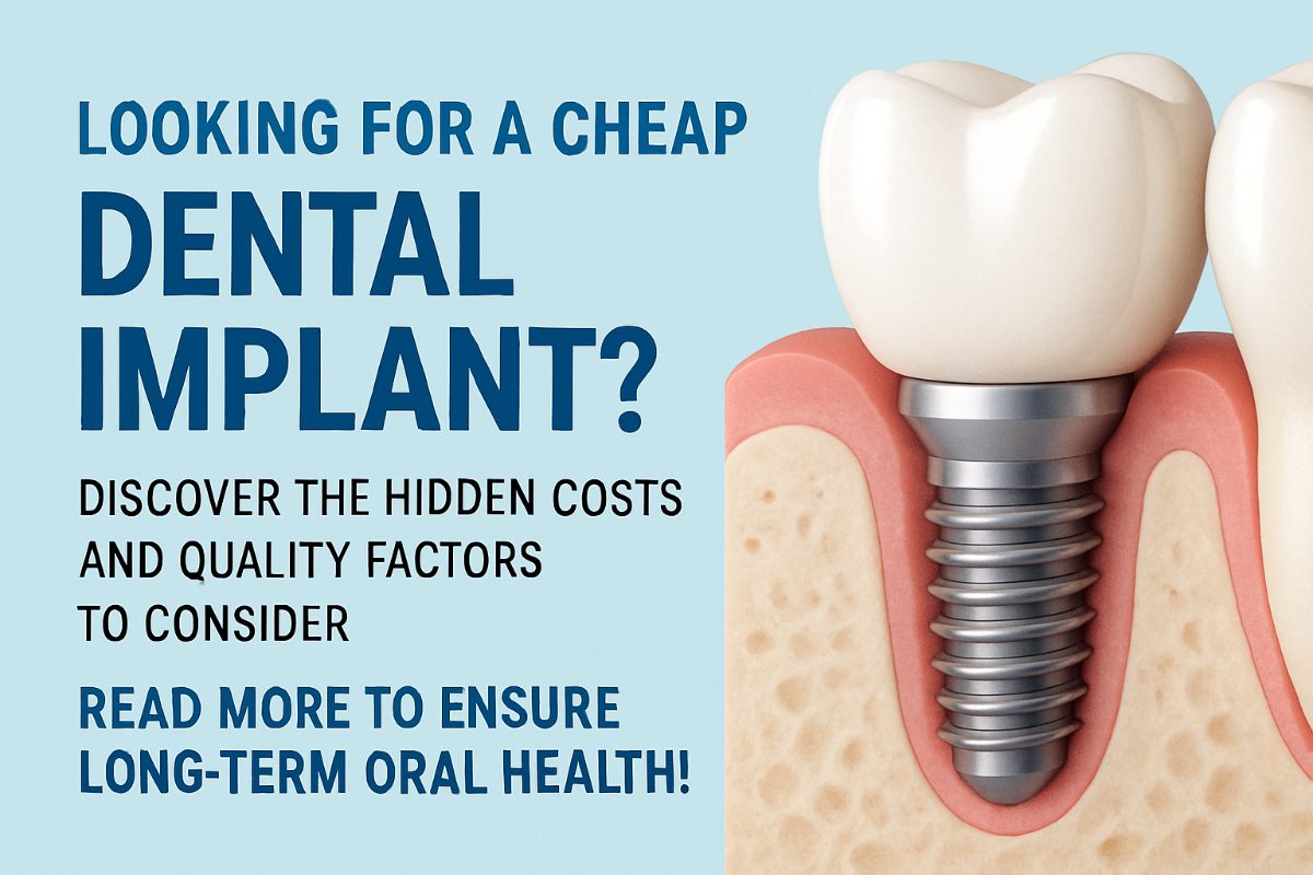Image of a smiling patient, focusing on their teeth, with a faint overlay of a price tag with a large question mark, symbolizing the hidden costs of a "cheap dental implant". No text on image.