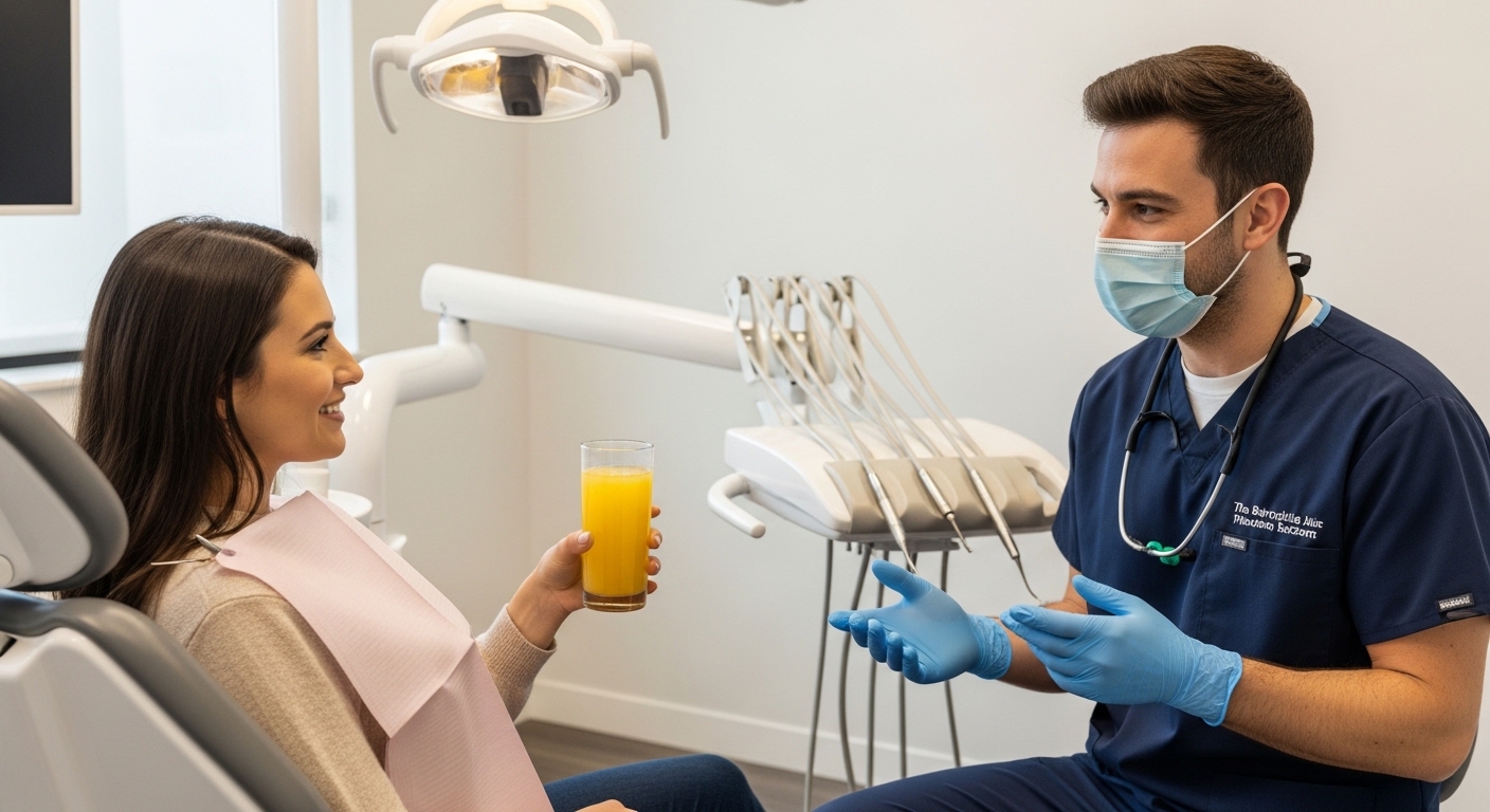 Patient in dental office with pineapple juice discussing recovery tips.