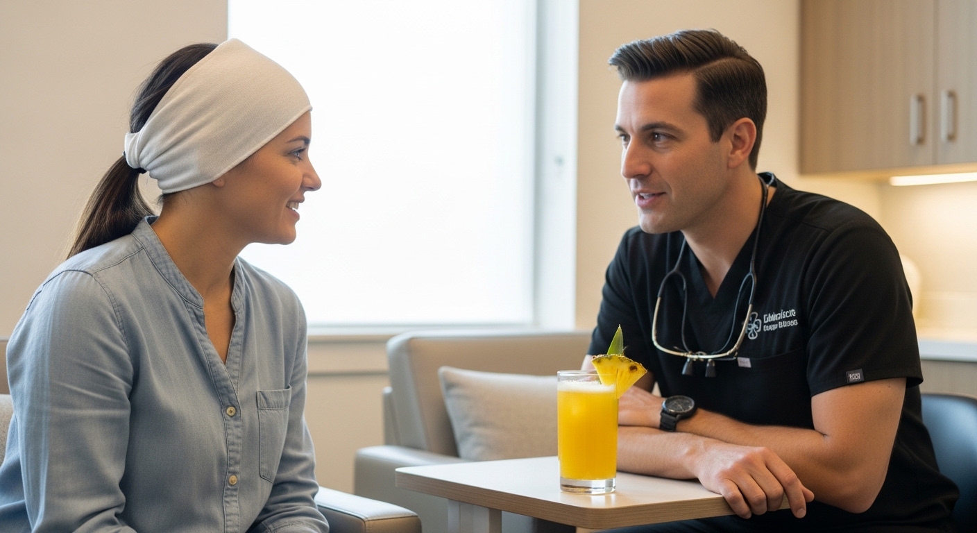 Oral surgeon discussing pineapple juice benefits for surgery recovery