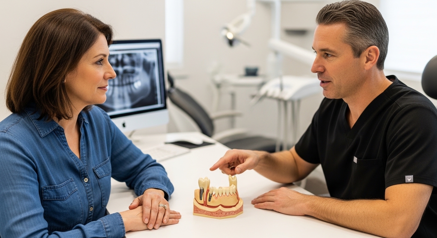 Patient with oral surgeon discussing dental implants in a Statesboro office.
