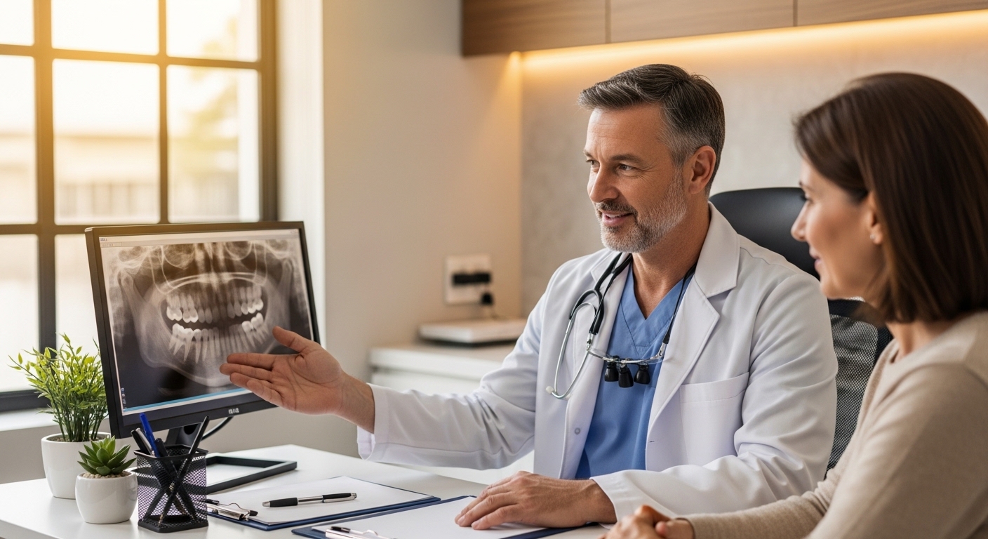 Oral surgeon consulting with a patient in a modern clinic.